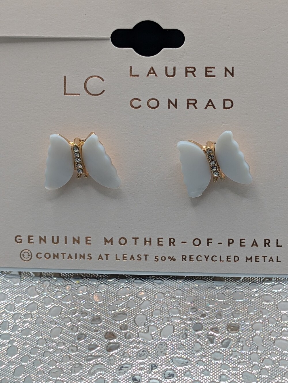 LC Lauren Conrad White Mother-of-Pearl Butterfly Earrings with Crystal Accents